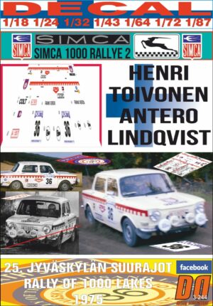 DECAL SIMCA 1000 RALLY 2 HENRI TOIVONEN RALLY 1000 LAKES 1975 DnF