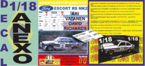 ANEXO DECAL 1/18 FORD ESCORT RS 1800 MK II ROTHMANS A.VATANEN R.BRASIL 1981