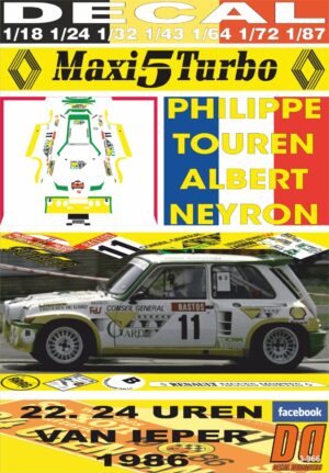 DECAL RENAULT MAXI 5 TURBO P.TOUREN YPRES 24 HOURS R. 1986 4th (01)