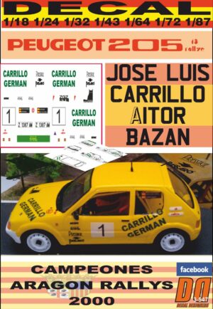 DECAL PEUGEOT 205 RALLY J.L. CARRILLO CAMPEON ARAGON DE RALLYS 2000 (01)