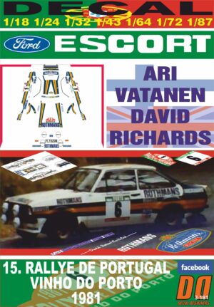 DECAL FORD ESCORT RS 1800 MK II ROTHMANS A. VATANEN R.PORTUGAL 1981 DnF (01)