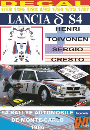 DECAL LANCIA DELTA S4 H.TOIVONEN R.MONTECARLO 1986 WINNER