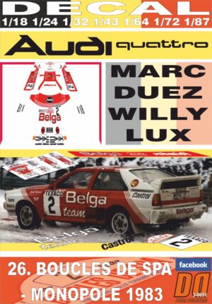 DECAL AUDI QUATTRO A1 "BELGA" M.DUEZ BOUCLES DE SPA 1983 WINNER (01)