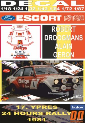 DECAL FORD ESCORT RS 180 MKII R.DROOGMANS YPRES 24 HOURS R. 1981 9th (01)