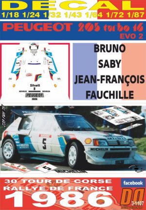 DECAL PEUGEOT 205 T16 E2 B.SABY TOUR DE CORSE 1986 WINNER