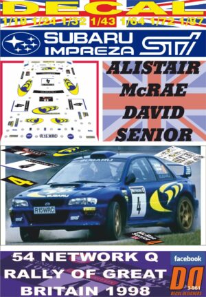 DECAL SUBARU IMPREZA S4 WRC ´98 ALISTAIR MCRAE R. OF GREAT BRITAIN 1998 DnF