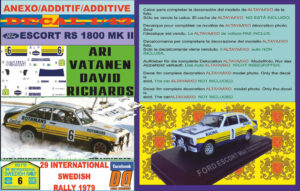 ANEXO DECAL 1/43 FORD ESCORT RS 1800 MK II ROTHMANS ARI VATANEN SWEDISH R. 1979