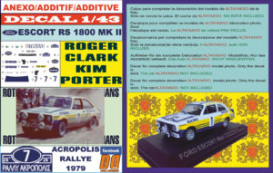 ANEXO DECAL 1/43 FORD ESCORT RS 1800 MK II ROTHMANS R.CLARK ACROPOLIS 1979 (01)