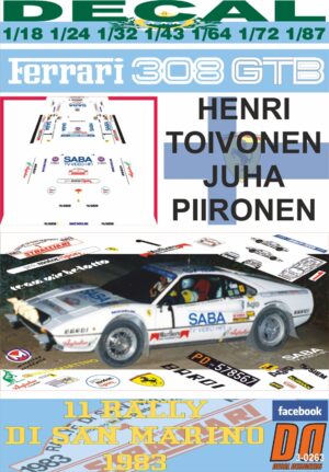 DECAL FERRARI 308 GTB HENRI TOIVONEN RALLY DI SAN MARINO 1983 DnF