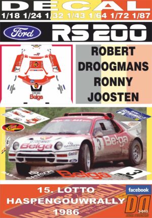 DECAL FORD RS 200 R. DROOGMANS HASPENGOUWRALLY 1986 WINNER (01)