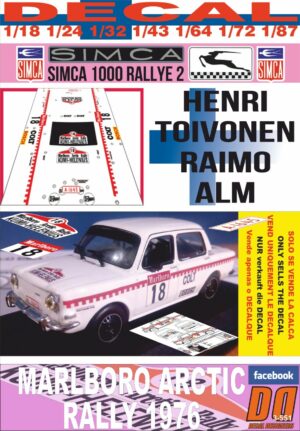 DECAL SIMCA 1000 RALLYE 2 HENRI TOIVONEN ARCTIC R. 1976 DnF (01)