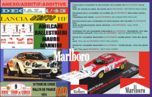ANEXO DECAL 1/43 LANCIA STRATOS HF A.BALLESTRIERI TOUR DE CORSE 1974 MARLBO (01)