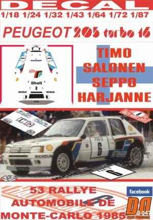 DECAL PEUGEOT 205 TURBO 16 T.SALONEN R.MONTECARLO 1985 3rd (01)