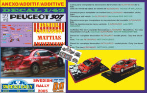 ANEXO DECAL 1/43 PEUGEOT 307 WRC DANIEL CARLSSON SWEDISH RALLYE 2005 (01)