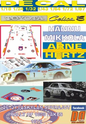 DECAL TOYOTA CELICA 2000 GT H.MIKKOLA 1000 LAKES 1976 3rd