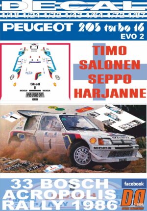 DECAL PEUGEOT 205 TURBO 16 E2 T.SALONEN ACROPOLIS R. 1986 DnF (01)