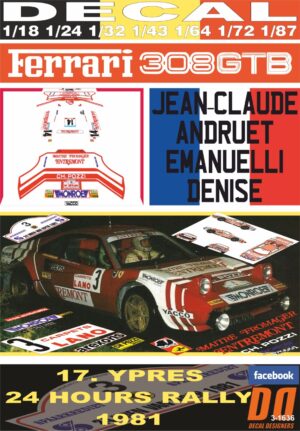 DECAL FERRARI 308 GTB J-C.ANDRUET YPRES 24 HOURS R. 1981 WINNER (01)
