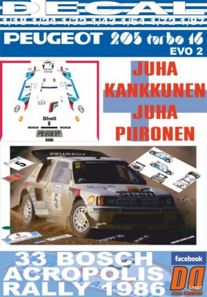 DECAL PEUGEOT 205 TURBO 16 E2 J.KANKKUNEN ACROPOLIS R. 1986 WINNER (01)