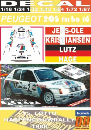 DECAL PEUGEOT 205 Turbo 16 J-O.KRISTIANSEN HASPENGOUWRALLY 1986 5th (01)