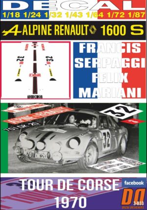 DECAL ALPINE RENAULT A110 F. SERPAGGI TOUR DE CORSE 1970 DnF (01)