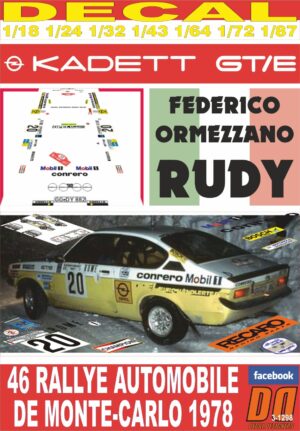 DECAL OPEL KADETT GT/E F.ORMEZZANO R.MONTECARLO 1978 11st (01)