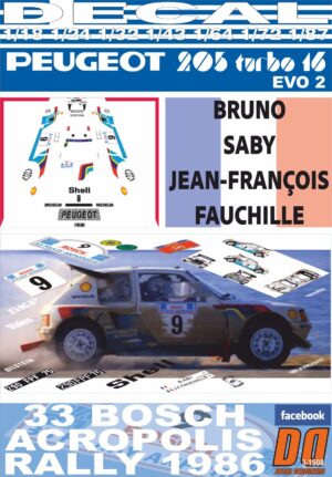 DECAL PEUGEOT 205 TURBO 16 E2 B.SABY ACROPOLIS R. 1986 3rd (01)