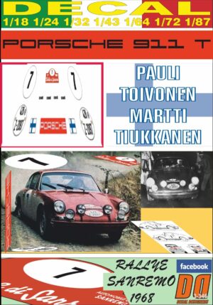 DECAL PORSCHE 911 T PAULI TOIVONEN RALLY SANREMO 1968 WINNER (01)
