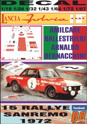 DECAL LANCIA FULVIA HF AMILCARE BALLESTRIERI R. SANREMO 1972 WINNER (01)