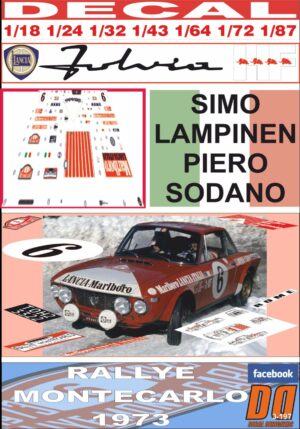 DECAL LANCIA FULVIA HF SIMO LAMPINEN RALLYE MONTECARLO 1973 DnF