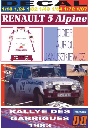 DECAL RENAULT 5 ALPINE DIDIER AURIOL RALLY DES GARRIGUES 1983