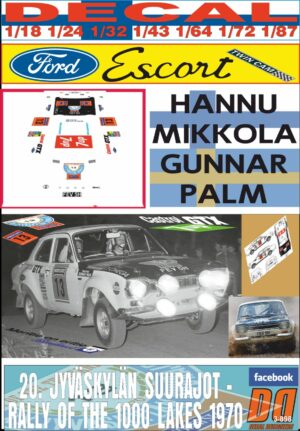 DECAL FORD ESCORT TWIN CAM H.MIKKOLA R. 1000 LAKES 1970 WINNER (01)
