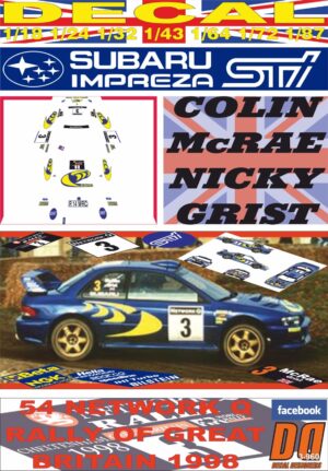 DECAL SUBARU IMPREZA S4 WRC ´98 C.MCRAE R. OF GREAT BRITAIN 1998 DnF