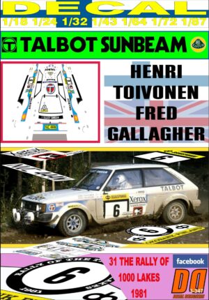DECAL TALBOT SUNBEAM LOTUS HENRI TOIVONEN 1000 LAKES RALLY 1981 DnF (01)