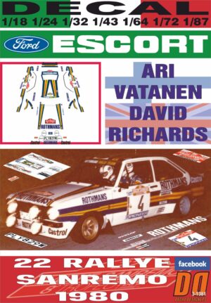 DECAL FORD ESCORT RS 1800 MKII A.VATANEN R.SANREMO 1980 2nd (01)