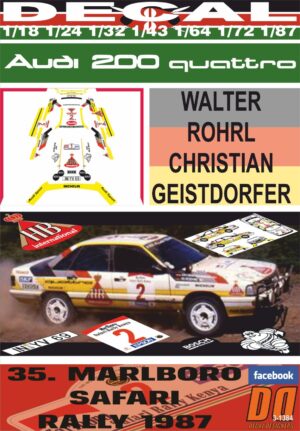 DECAL AUDI 200 QUATTRO W.ROHRL SAFARI R. 1987 2nd (01)