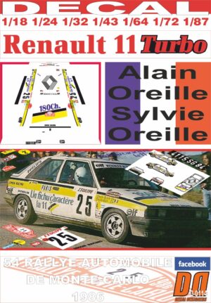 DECAL RENAULT 11 TURBO A.OREILLE R.MONTECARLO 1986 8th (01)