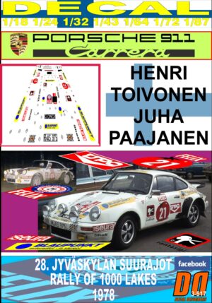 DECAL PORSCHE 911 HENRI TOIVONEN 1000 LAKES RALLY 1978 DnF