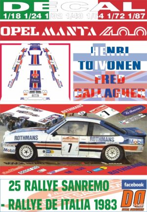 DECAL OPEL MANTA 400 H.TOIVONEN R. SANREMO 1983 4th (01)