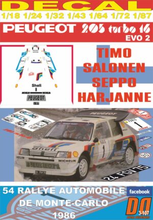 DECAL PEUGEOT 205 T16 E2 TIMO SALONEN R.MONTECARLO 1986 2nd (01)