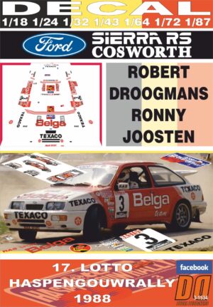 DECAL FORD SIERRA RS COSWORTH R.DROOGMANS HASPENGOUWRALLY 1988 WINNER