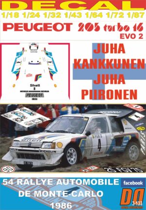DECAL PEUGEOT 205 T16 E2 JUHA KANKUNNEN R.MONTECARLO 1986 5th (01)