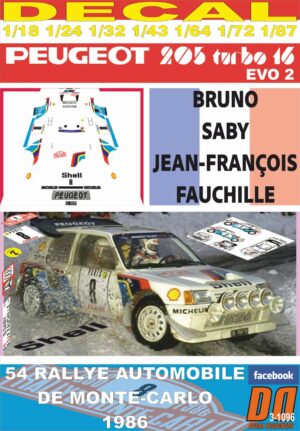 DECAL PEUGEOT 205 T16 E2 BRUNO SABY R.MONTECARLO 1986 6th (01)