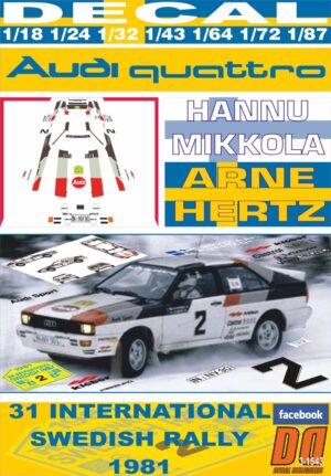 DECAL AUDI QUATTRO H.MIKKOLA SWEDISH R. 1981 WINNER (01)