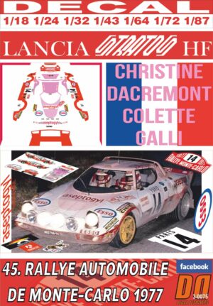DECAL LANCIA STRATOS HF C.DACREMONT R.MONTECARLO 1977 6th (01)