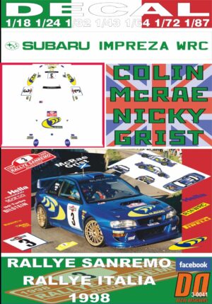 DECAL SUBARU IMPREZA 555 WRC COLIN McRAE RALLYE SANREMO 1998 3rd