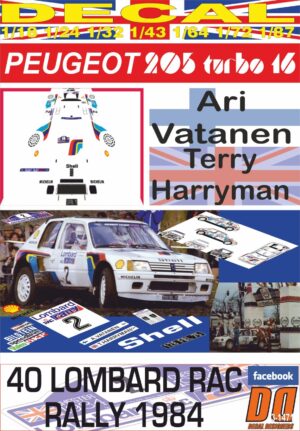 DECAL PEUGEOT 205 Turbo 16 A.VATANEN RAC R. 1984 WINNER (01)