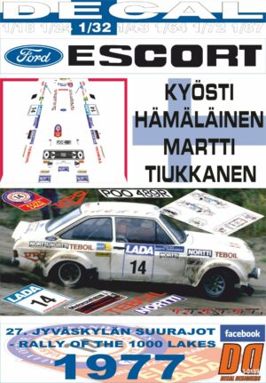 DECAL FORD ESCORT RS 1800 KYOSTI HAMALAINEN 1000 LAKES R. 1977 WINNER (01)