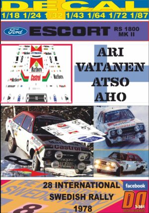 DECAL FORD ESCORT RS 1800 MK2 ARI VATANEN SWEDISH R. 1978 5th (01)
