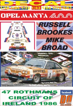 DECAL OPEL MANTA 400 ANDREWS R.BROOKES CIRCUIT OF IRELAND 1986 2nd (01)