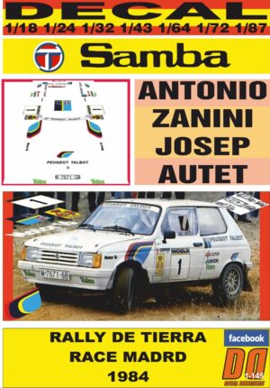 DECAL TALBOT SAMBA ANTONIO ZANINI RALLY TIERRA RACE MADRID 1984